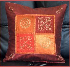 Burgundy Silk Gold Block Printing Pillow Cover 