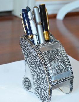 Wooden White Metal Itched Design Pen Holder