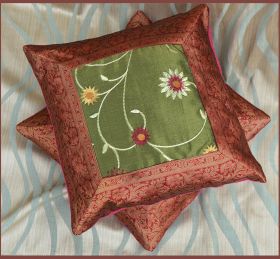 Set of 2 Embroidered Red Brocade Green Silk Pillow Cover