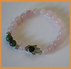 Rose Quartz With Anyolite  Gemstone Hamsa Bracelet