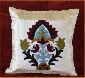 Silk Brocade Suzani Embroidered Beige Pillow Cover
