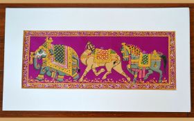 Decorated Elephant, Camel And Horse Silk Miniature Painting