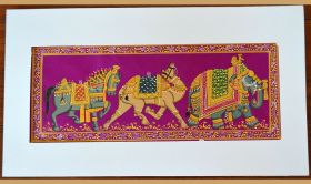 Decorated Elephant, Camel And Horse Silk Miniature Painting