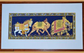 Decorated Elephant, Camel And Horse Silk Miniature Painting