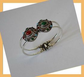 Oxidized Metal Coral And Green Garnet Stones Bangle Bracelet
