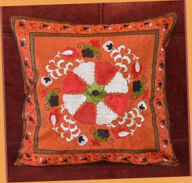 Dark Orange Silk Embroidered Pillow Cover 