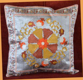 Gray Silk Embroidered Pillow Cover