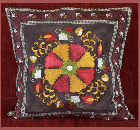 Brown Silk Embroidered Pillow Cover