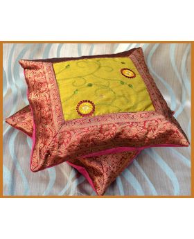 Set of 2 Red Silk Embroidered Brocade Pillow Cover