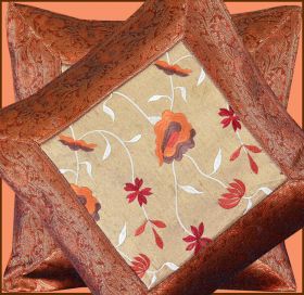 Set of 2 Dark Orange Silk Embroidered Pillow Cover