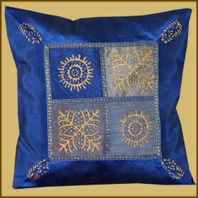 Blue Silk Gold Block Printing Pillow Cover