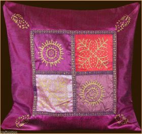 Fuchsia Silk Gold Block Printing Pillow Cover