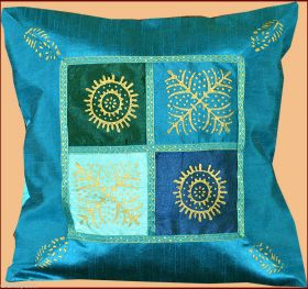Turquoise Silk Gold Block Printing Pillow Cover