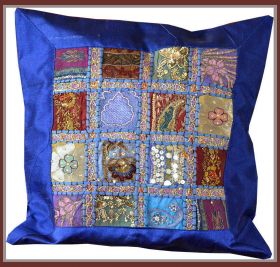 Blue Vintage Embroidered Patch Work Silk Pillow Cover