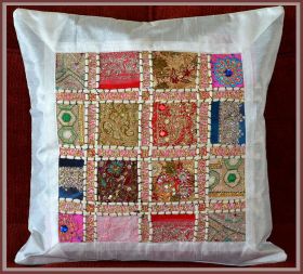 White Vintage Embroidered Antique Patch Work Silk Pillow Cover
