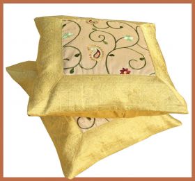 Set of 2 Yellow Silk Embroidered Pillow Cover