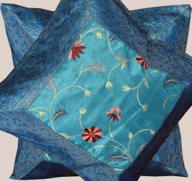 Set of 2 Turquoise Silk Embroidered Brocade Pillow Cover