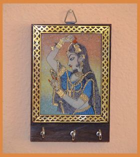 Gemstone Painting Wood Keychain, Keys Wall Holder with Three Hooks