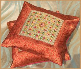 Set of 2 Red Brocade border Silk Pillow Cover
