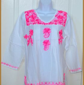 Hot Pink Embroidered White Cotton Tunic Top Kurti