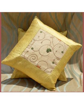 Set of 2 Yellow Beige Silk Embroidered Pillow Cover