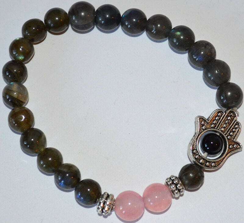 Labradorite Rose Quartz Gemstone Hamsa Bracelet
