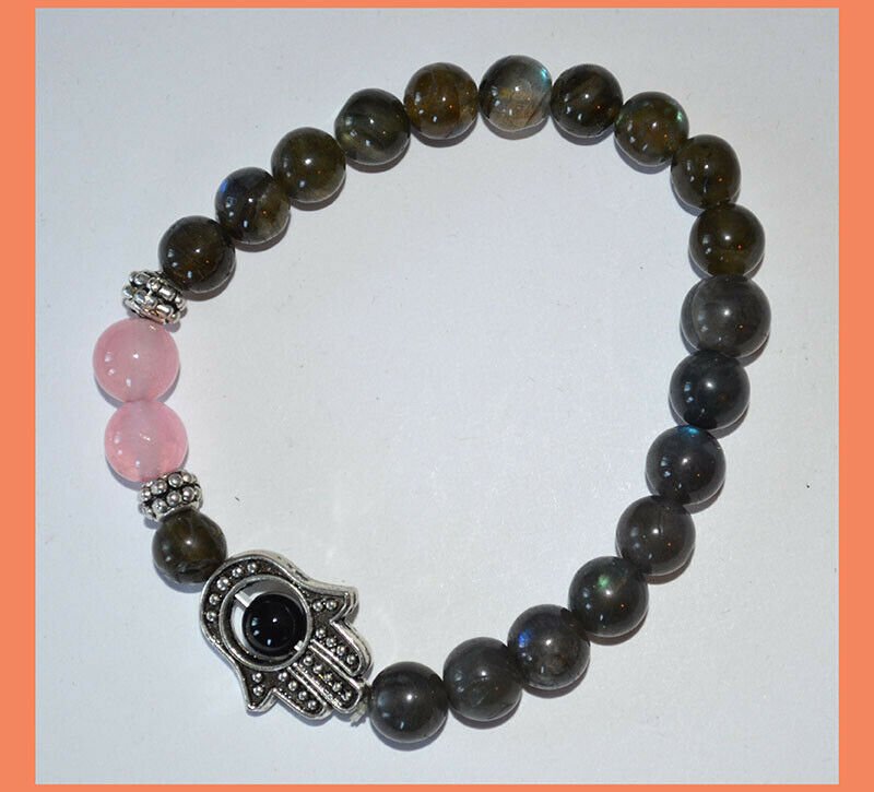 Labradorite Rose Quartz Gemstone Hamsa Bracelet - Image 2