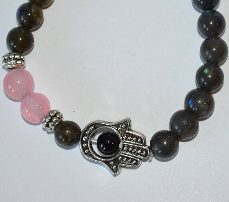 Labradorite Rose Quartz Gemstone Hamsa Bracelet - Image 3