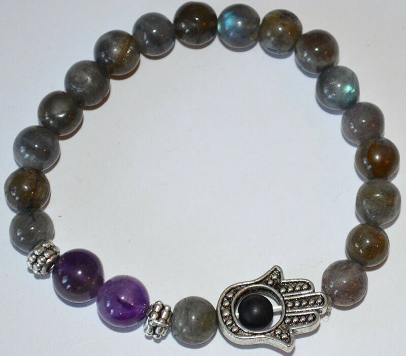 Labradorite Amethyst Gemstone Hamsa Bracelet