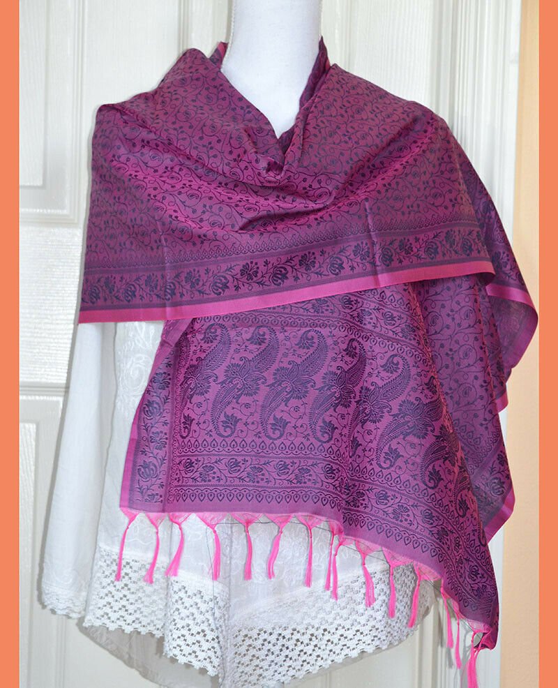 Banaras Silk Woven Paisley Floral Design Stole Wrap - Image 2