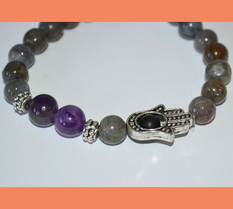 Labradorite Amethyst Gemstone Hamsa Bracelet - Image 2