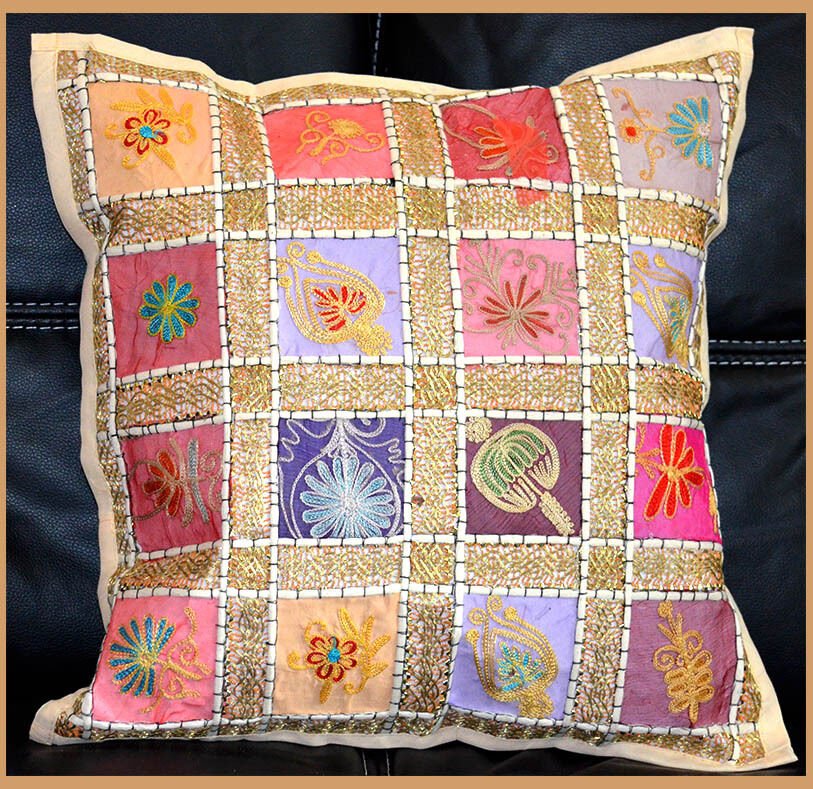 Hand Embroidered Patch Work White Beige Pillow Cover