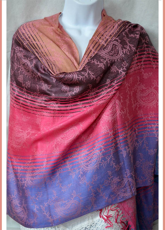 Striped Semi Pashmina And Silk Shawl Wrap Stole