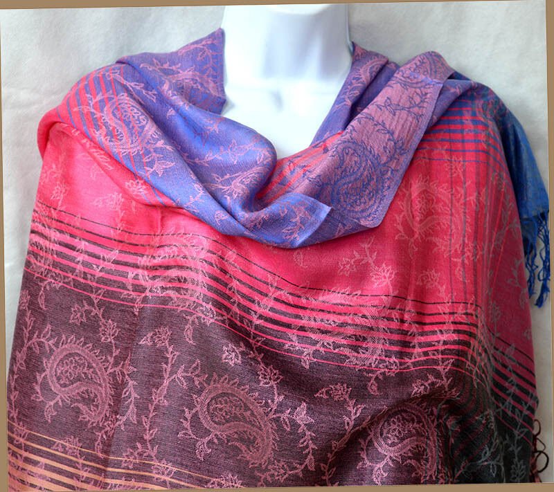 Striped Semi Pashmina And Silk Shawl Wrap Stole - Image 5