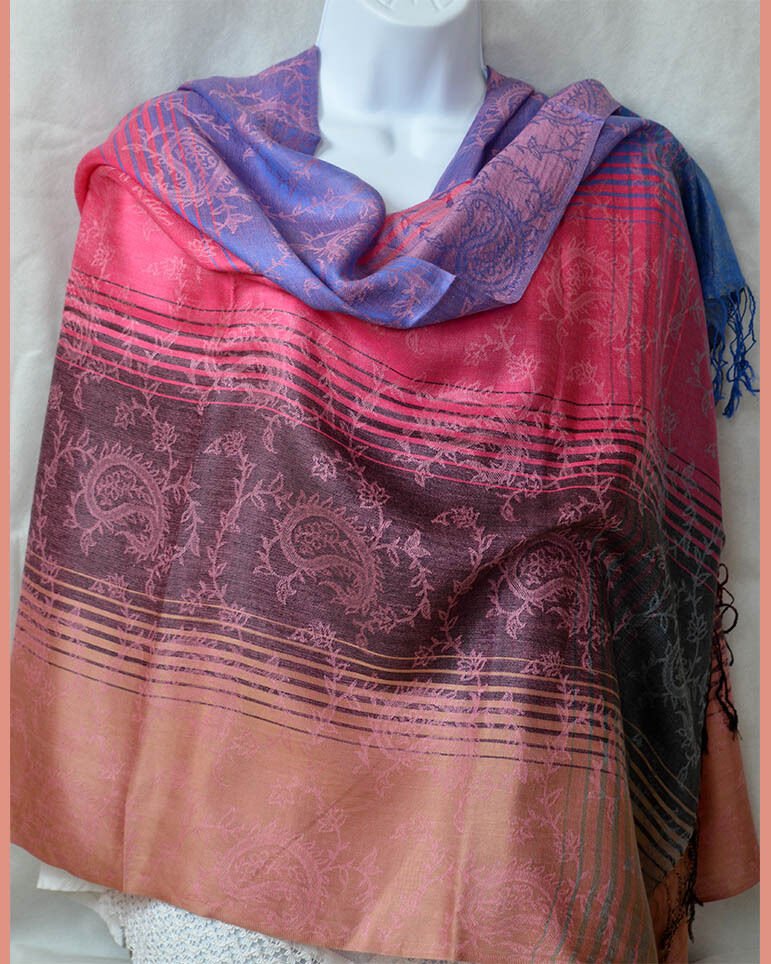 Striped Semi Pashmina And Silk Shawl Wrap Stole - Image 2