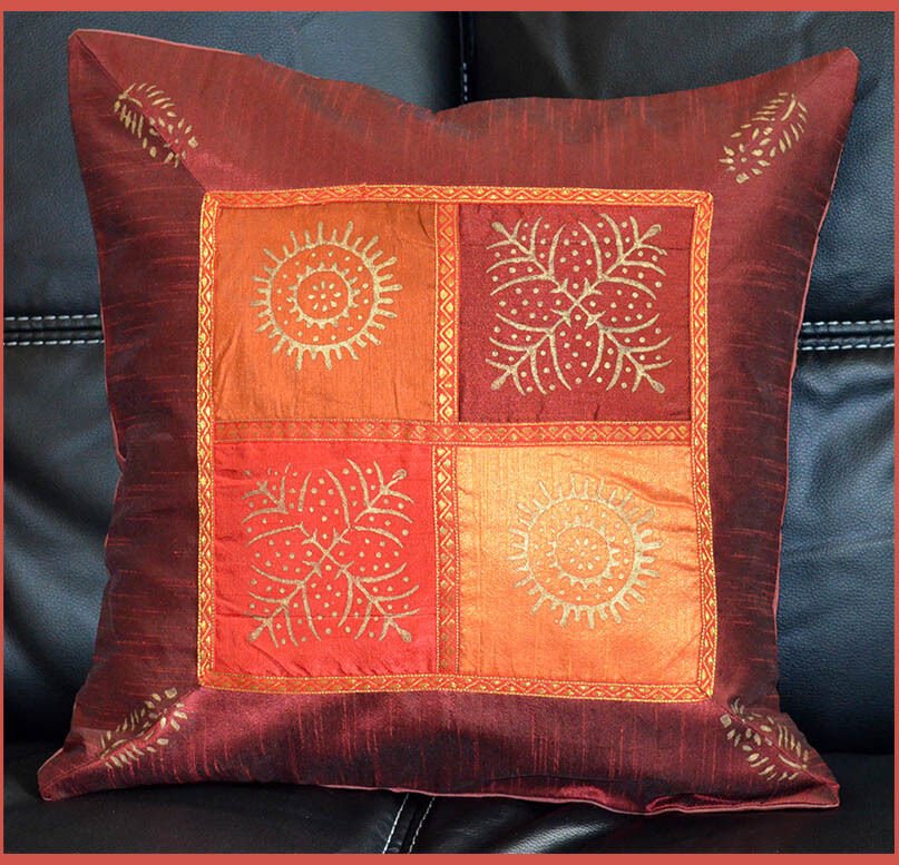 Burgundy Silk Gold Block Printing Pillow Cover