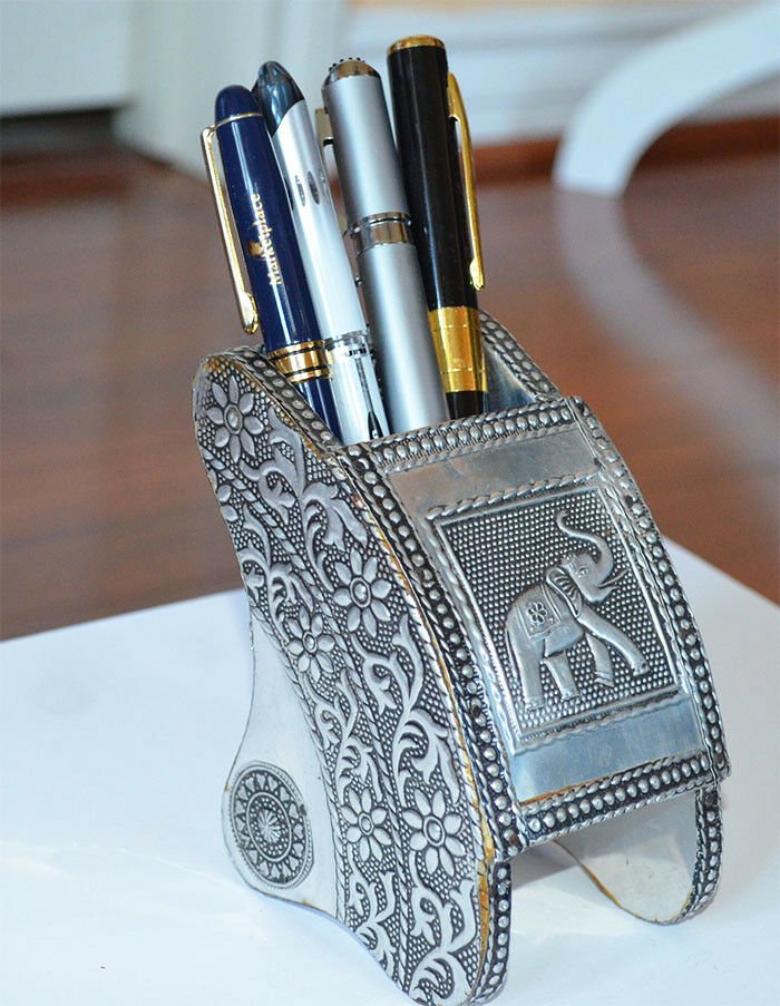 Wooden White Metal Itched Design Pen Holder