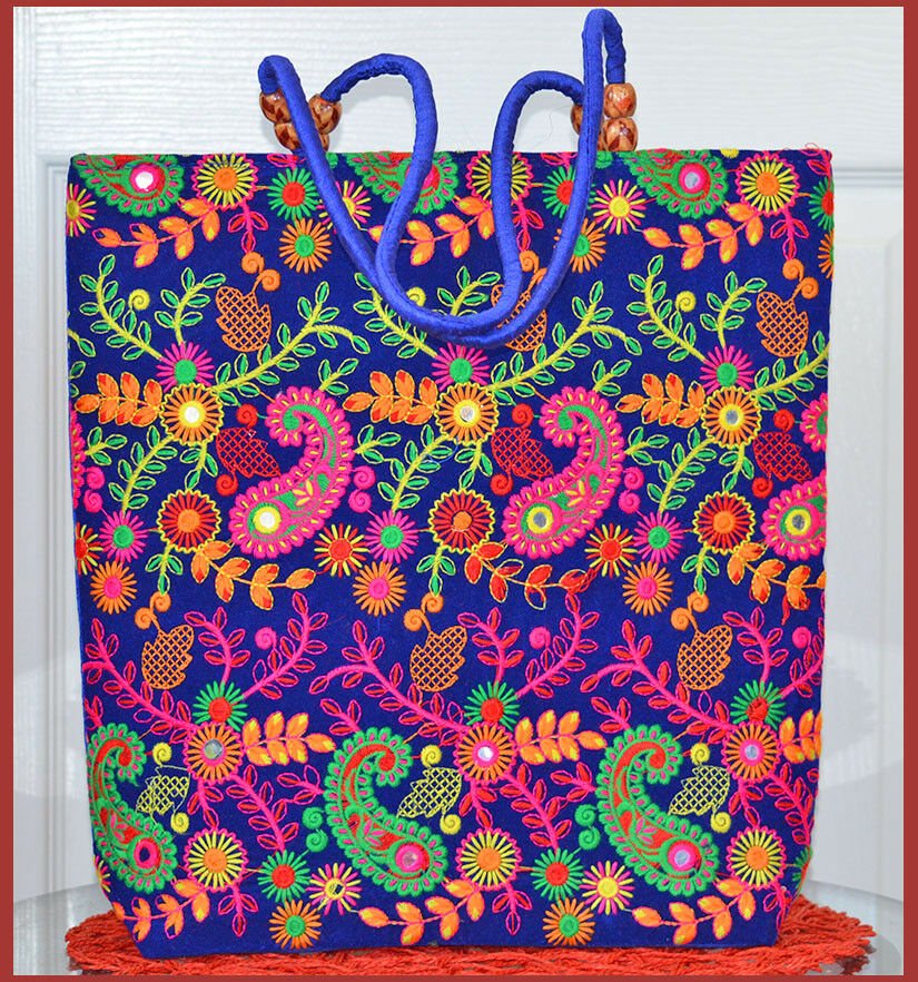Silk Embroidered Paisley Woman Tote, Shoulder Bag, Hand Bag, Beach Bag