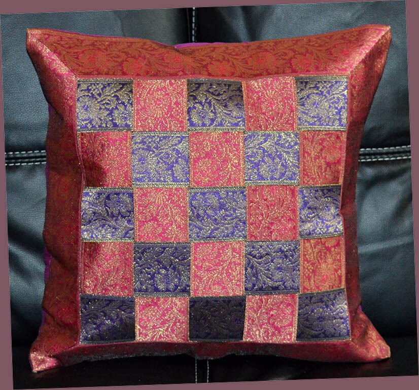 Brocade Woven Border Magenta Pillow Cover - Image 3