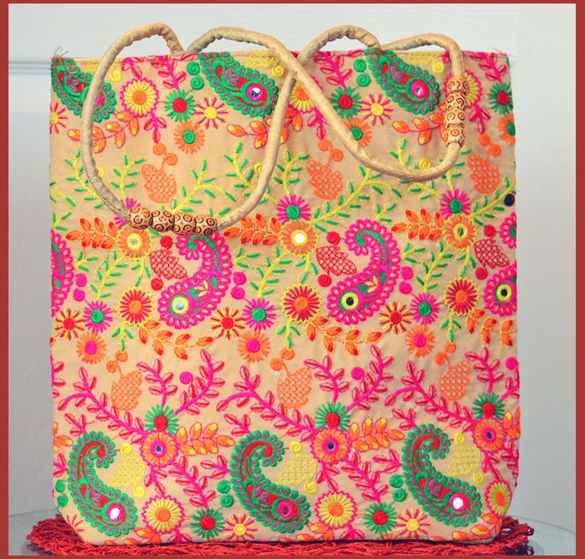 Silk Embroidered Paisley Woman Tote, Shoulder Bag, Hand Bag, Beach Bag