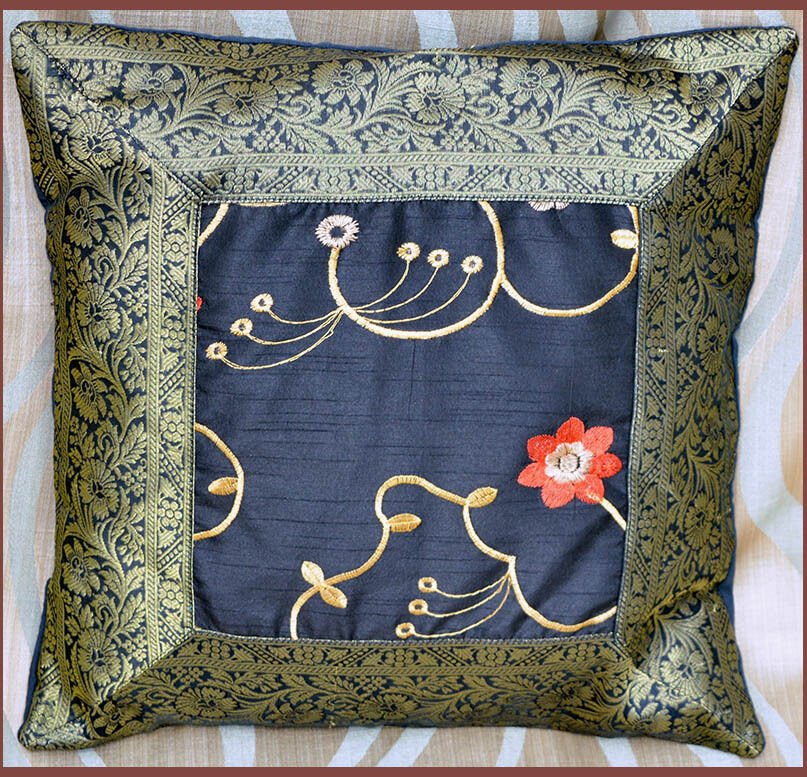 Set of 2 Black Silk Embroidered Pillow Cover