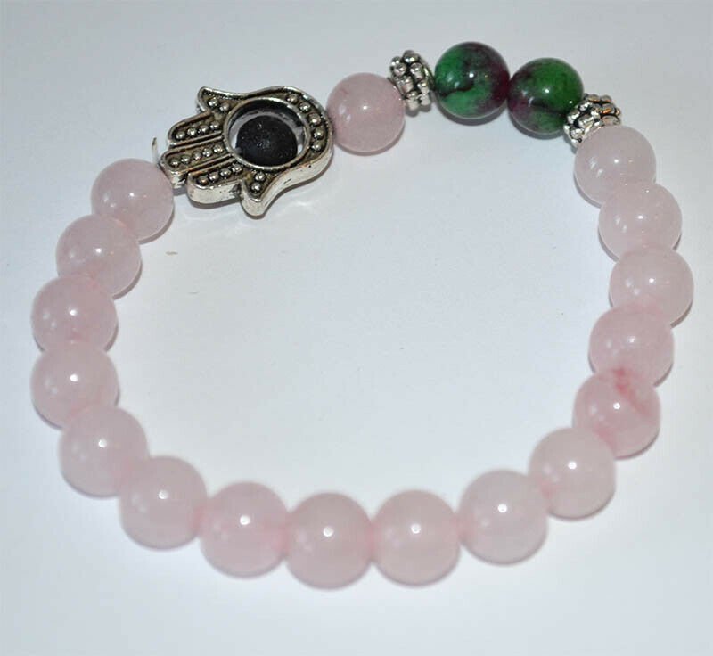 Rose Quartz With Anyolite Gemstone Hamsa Bracelet - Image 2
