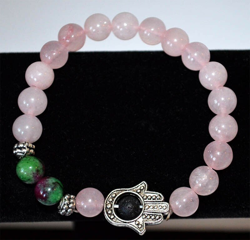Rose Quartz With Anyolite Gemstone Hamsa Bracelet - Image 3