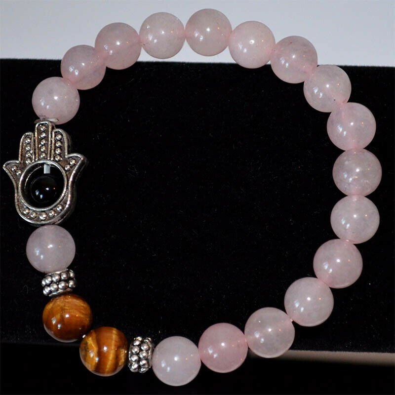 Rose Quartz With Tiger Eye Gemstone Hamsa Bracelet - Image 2