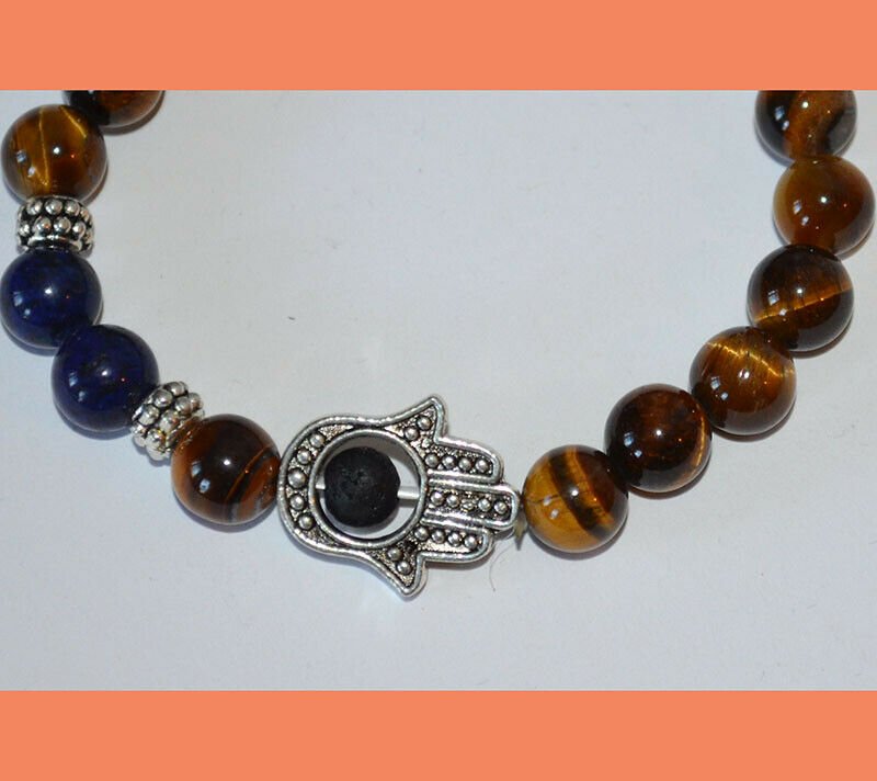 Tiger Eye Lapis Lazuli Gemstone Hamsa Bracelet - Image 3