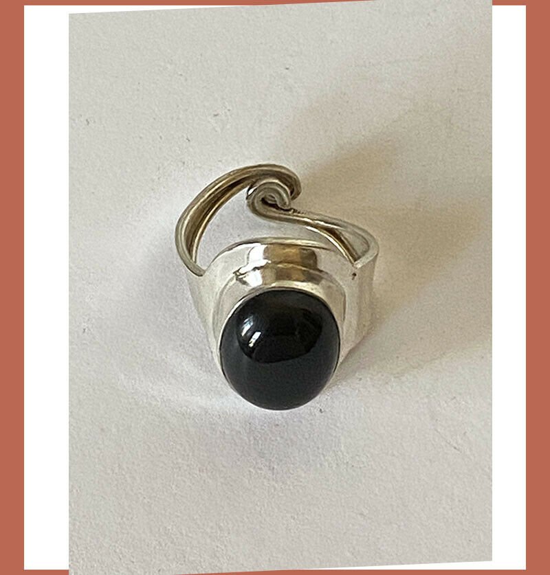 Artisan Created Natural Black Onyx Sterling Silver Adjustable Ring