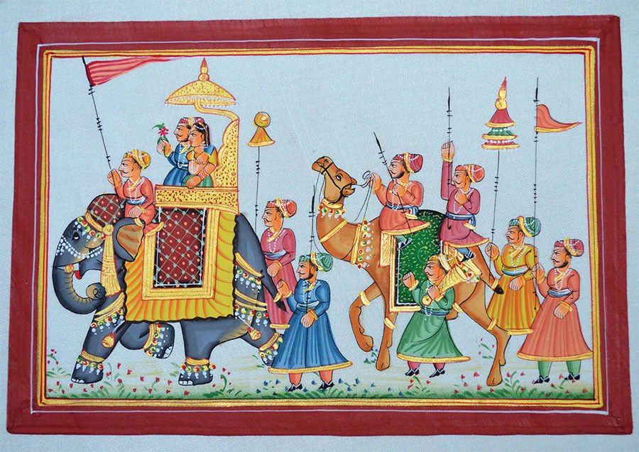 Mughal King And Queen Procession Scene Miniature Painting