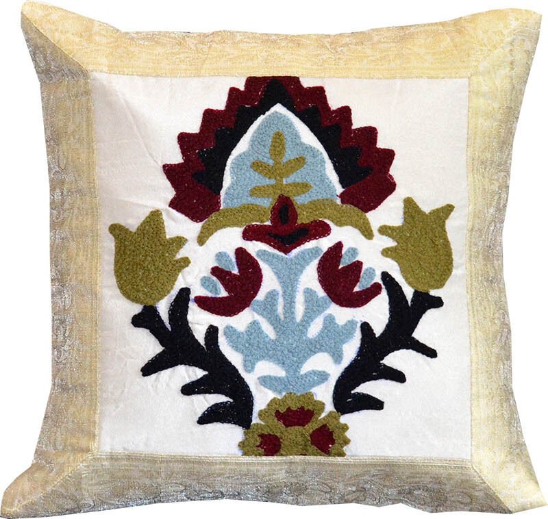 Silk Brocade Suzani Embroidered Beige Pillow Cover - Image 6