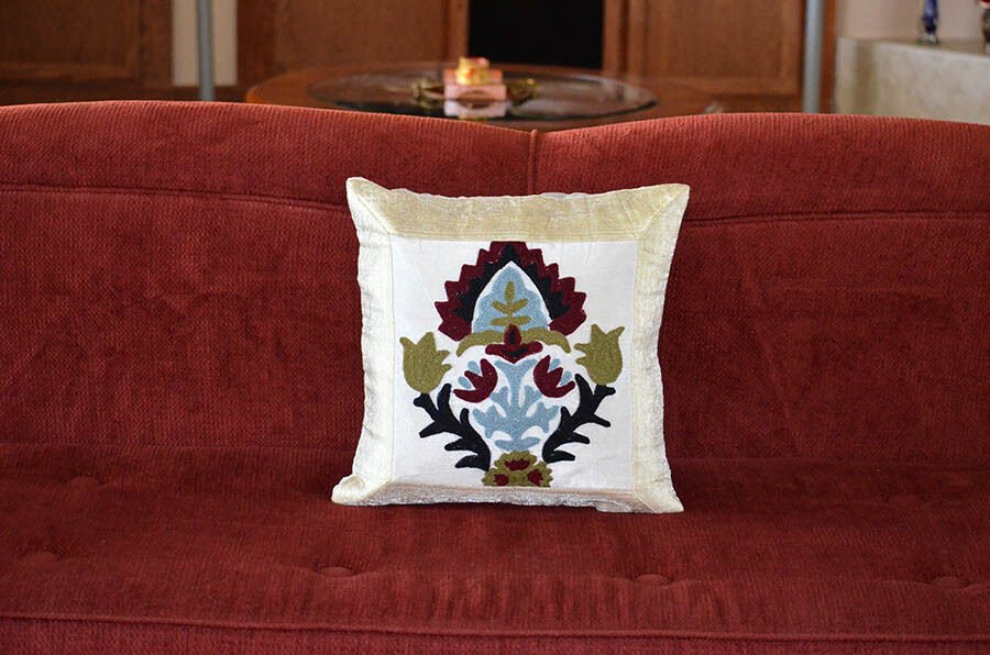 Silk Brocade Suzani Embroidered Beige Pillow Cover - Image 5
