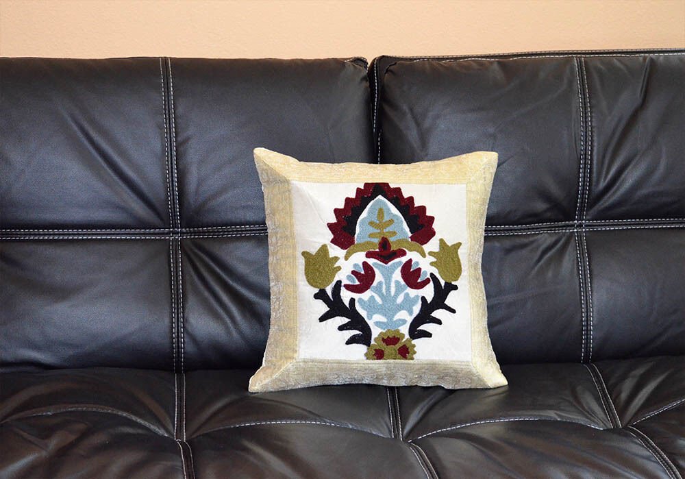 Silk Brocade Suzani Embroidered Beige Pillow Cover - Image 4